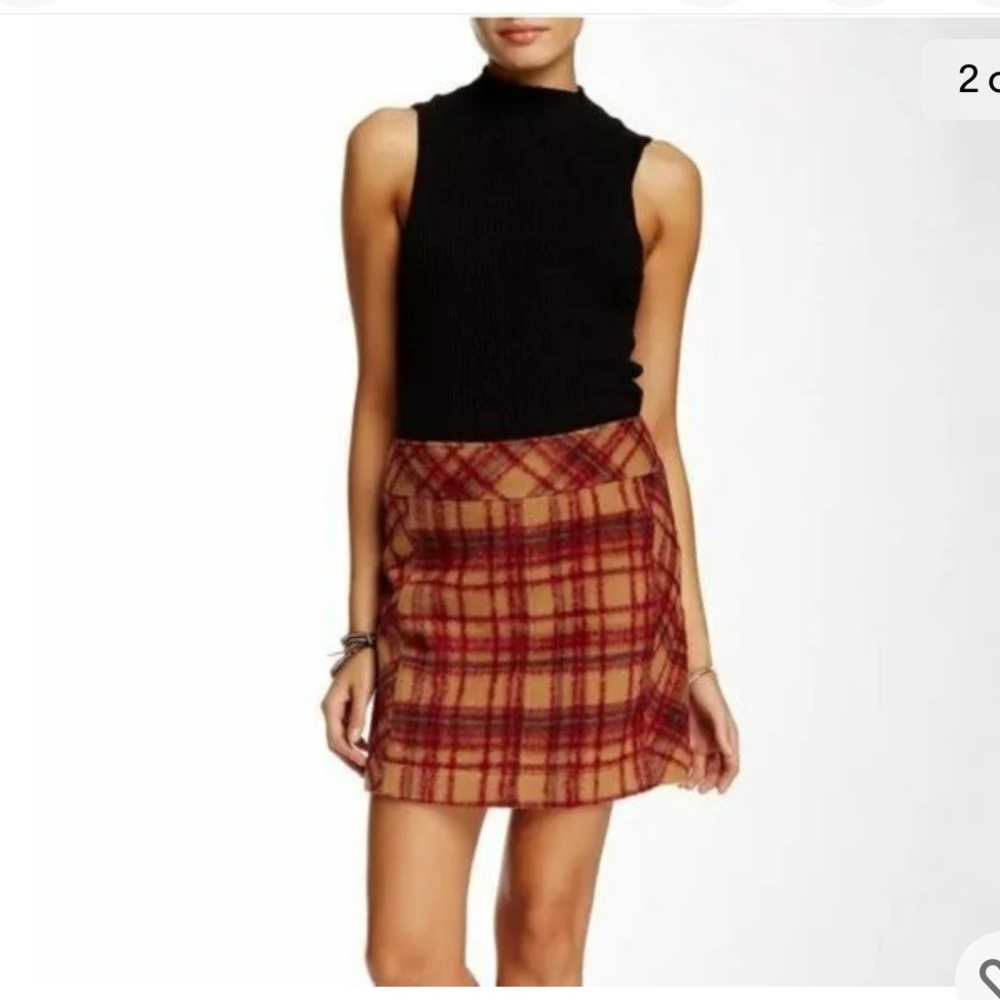 Free People Size 8 Camel Combo Tan Red Plaid Wool Blend Mini Skirt Lined - Picture 10 of 11